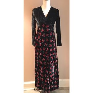 Vintage black velvet floral boho maxi dress